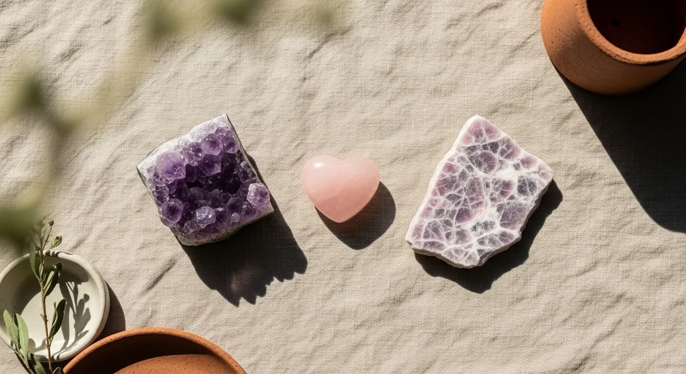 Améthyste, quartz rose et lépidolite posés sur un linge naturel pour apaiser stress et anxiété