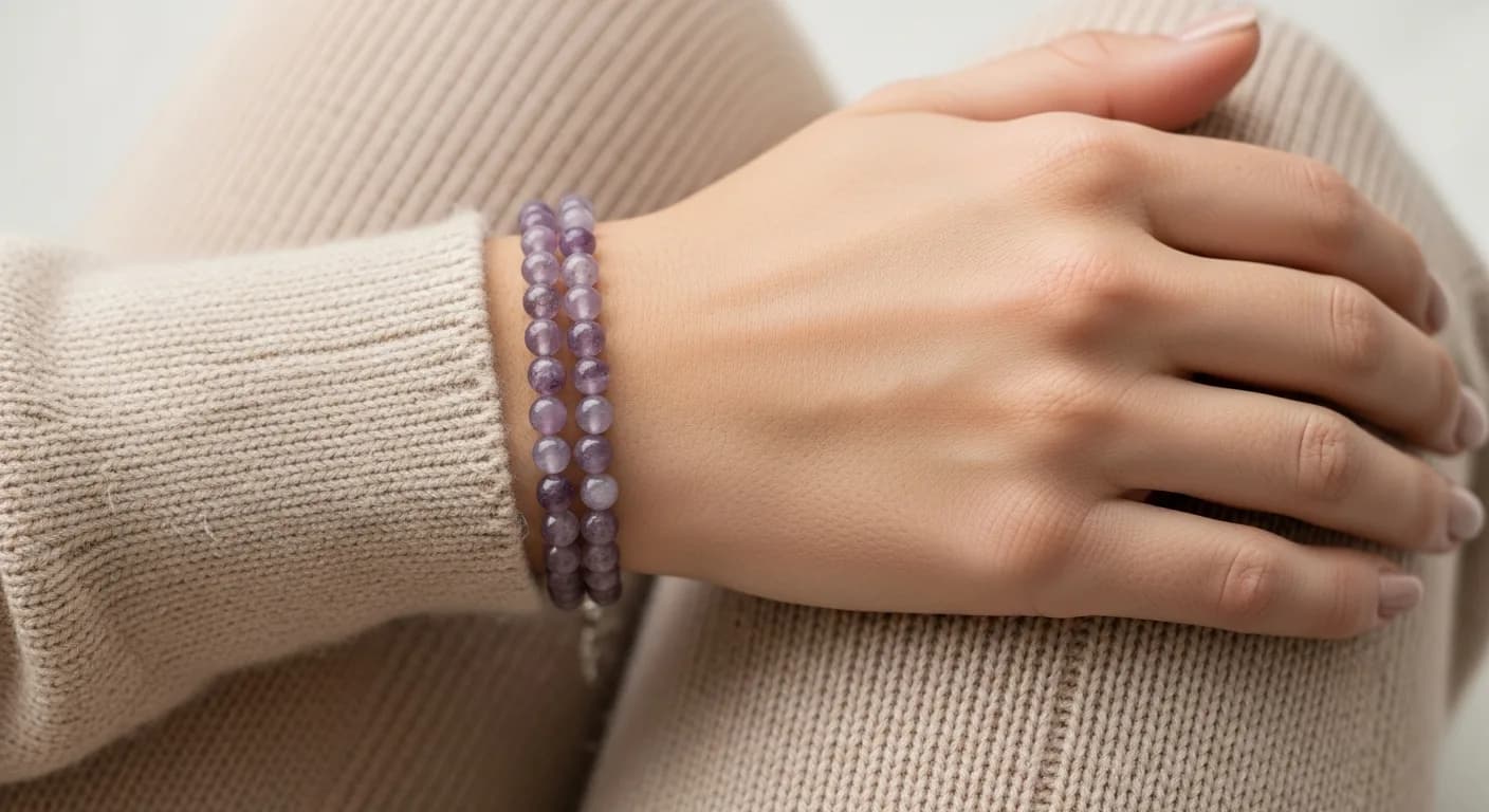 Bracelet en pierre de lépidolite porté au poignet d'une femme, posée sur les genoux dans une pièce lumineuse