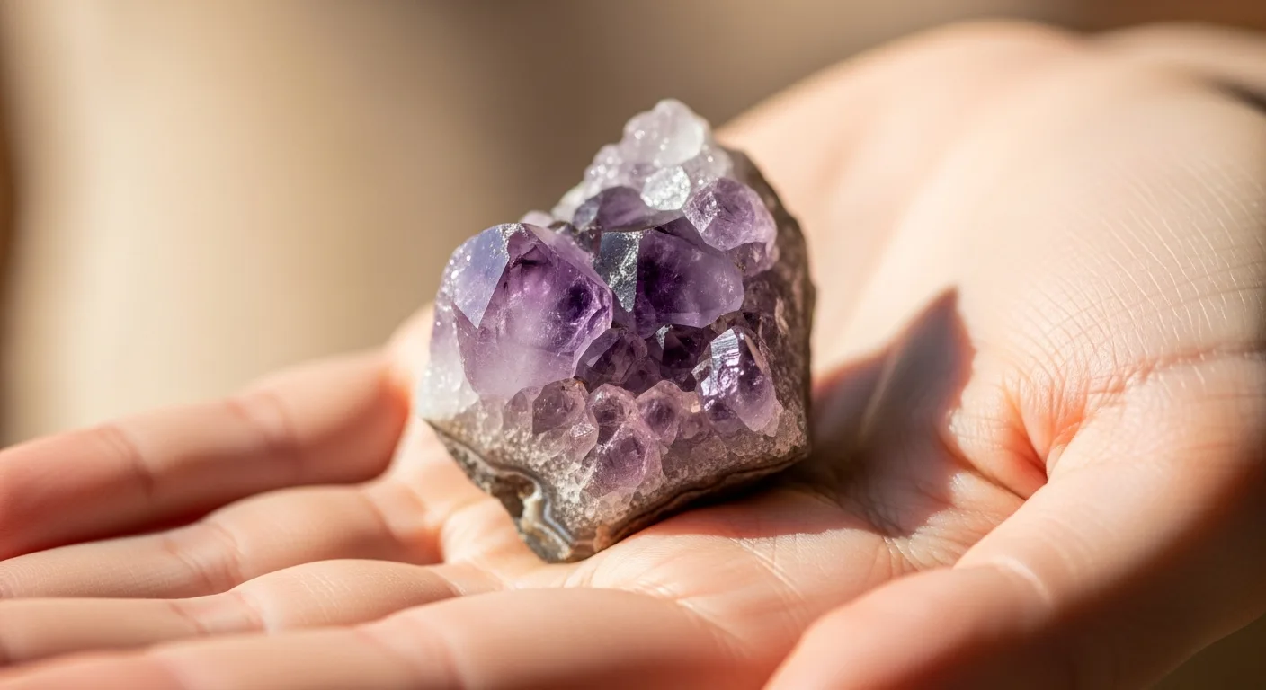 Main féminine tenant délicatement une améthyste violette, ambiance lumière naturelle et douce