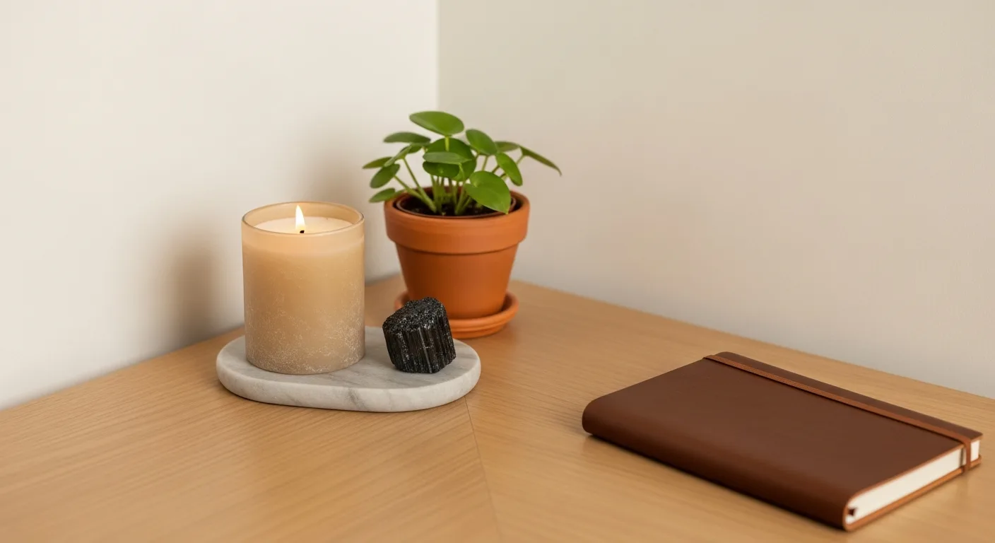 Petit autel discret sur un coin de bureau : bougie éteinte, pierre, plante verte, carnet