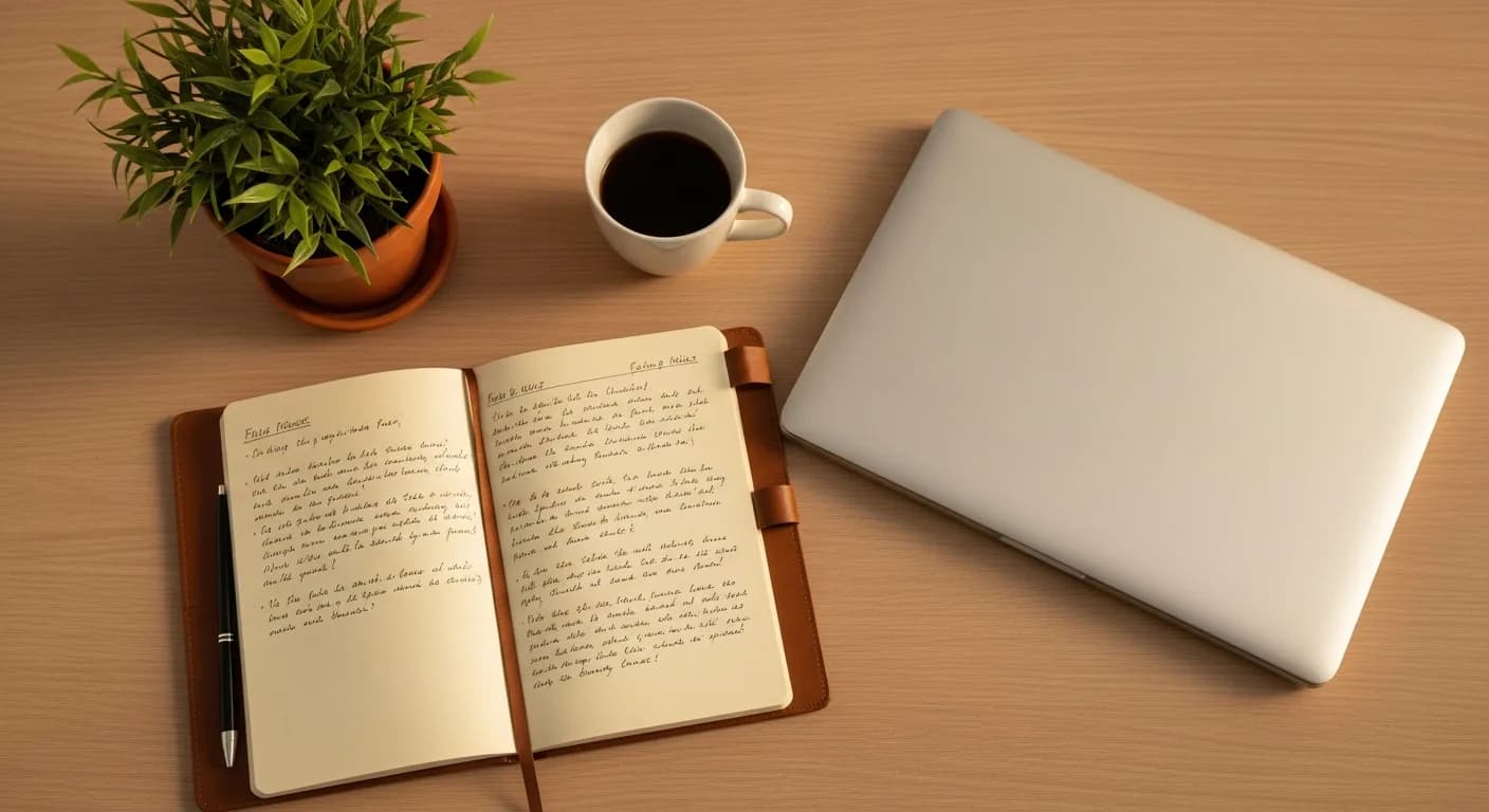 Setup bureau du vendredi soir : carnet ouvert avec notes, plante verte, tasse vide, ordinateur fermé